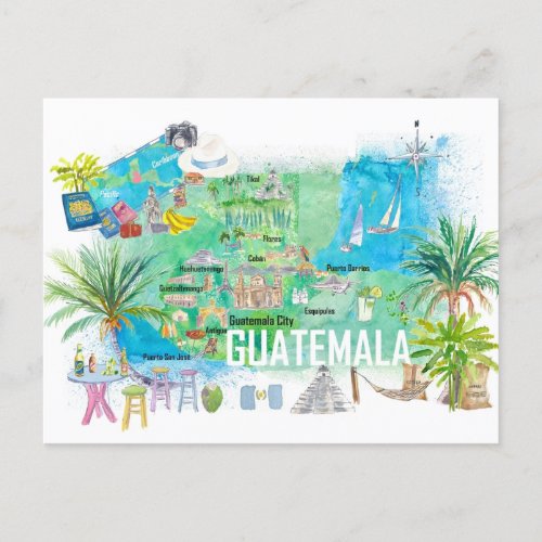Guatemala Illustrated Travel Map with Roads  Postcard
