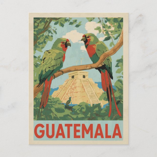 Guatemala Mayan Ruins & Tropical Birds Travel Art Postcard (Front)