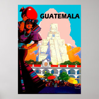 Guatemala, native woman with pottery, pyramid poster