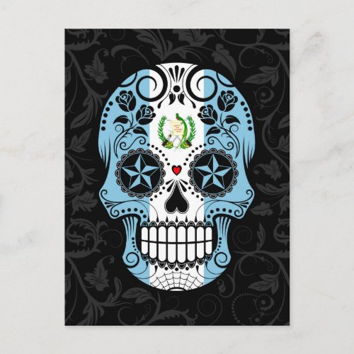 Guatemalan Flag Sugar Skull with Roses Postcard