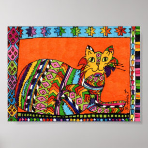 Guatemalan Style Cat Mini Folk Art Poster