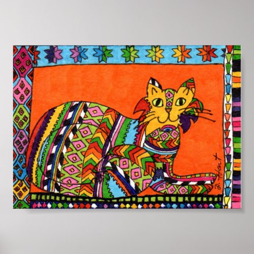 Guatemalan Style Cat Mini Folk Art Poster