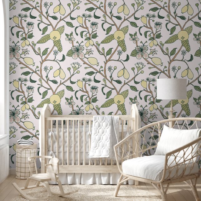 Guava Fruit - Trailing Floral - Soft White Wallpaper (Kids)