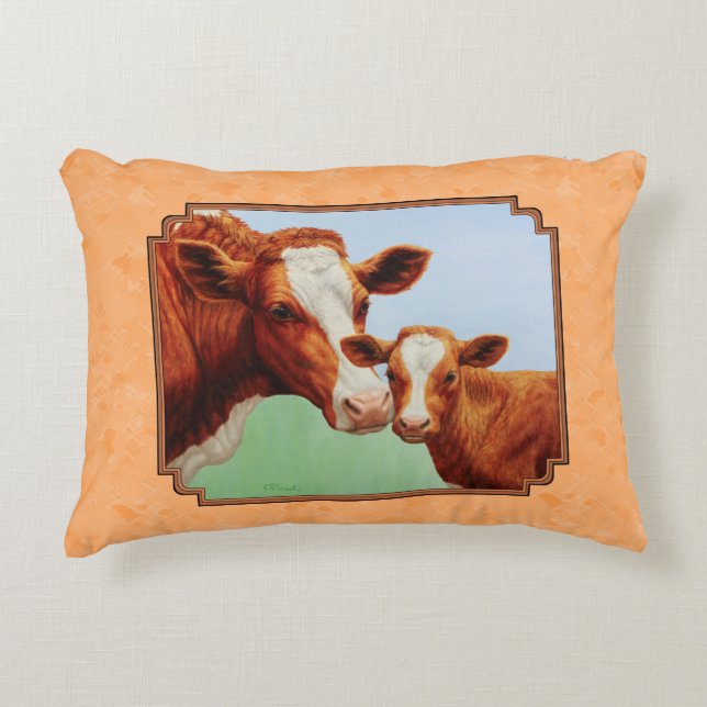 Guernsey Calf and Mother Cow Peach Accent Pillow (Front)