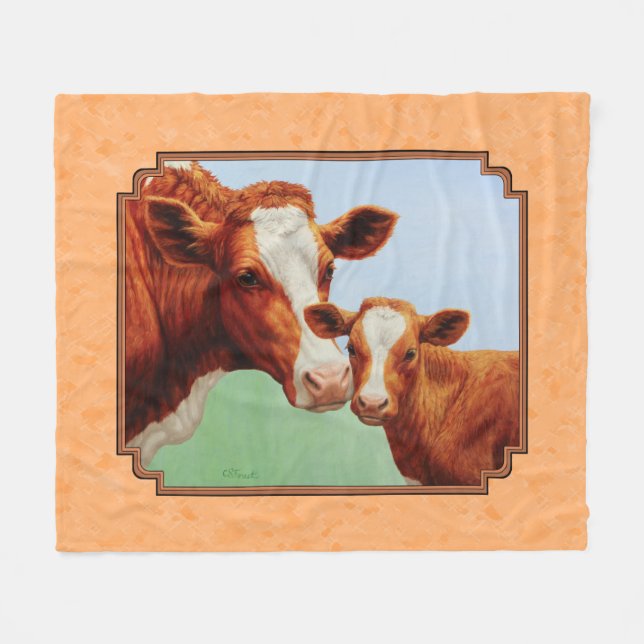 Guernsey Calf and Mother Cow Peach Fleece Blanket (Front (Horizontal))