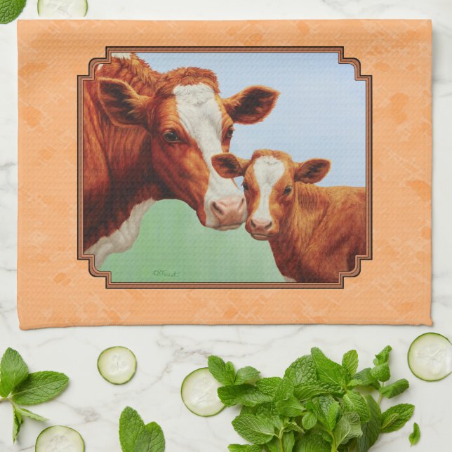 Guernsey Calf and Mother Cow Peach Kitchen Towel (Folded)