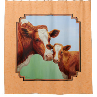 Guernsey Calf and Mother Cow Peach Shower Curtain