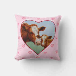 Guernsey Cow & Calf Light Pink Hearts Throw Pillow