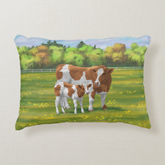 Guernsey Cow & Cute Calf in Summer Pasture Accent Pillow