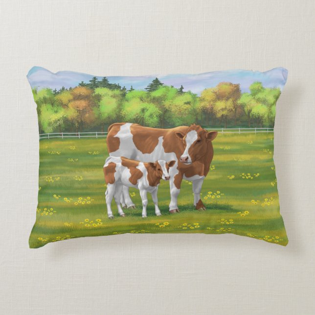 Guernsey Cow & Cute Calf in Summer Pasture Accent Pillow (Front)