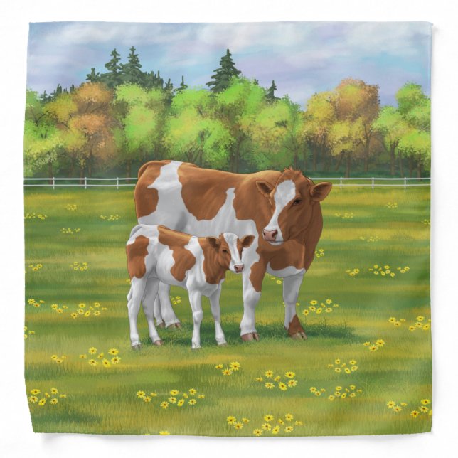 Guernsey Cow & Cute Calf in Summer Pasture Bandana (Front)