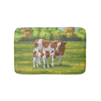 Guernsey Cow & Cute Calf in Summer Pasture Bath Mat