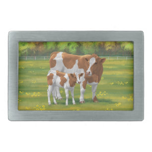 Guernsey Cow & Cute Calf in Summer Pasture Belt Buckle