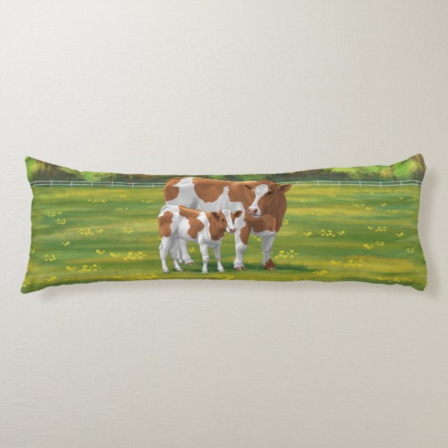 Guernsey Cow & Cute Calf in Summer Pasture Body Pillow (Front)