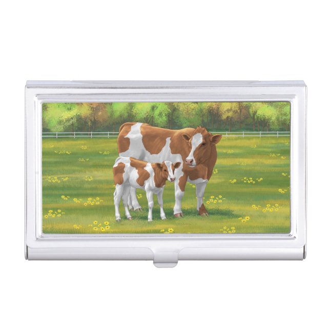 Guernsey Cow & Cute Calf in Summer Pasture Business Card Case (Front)