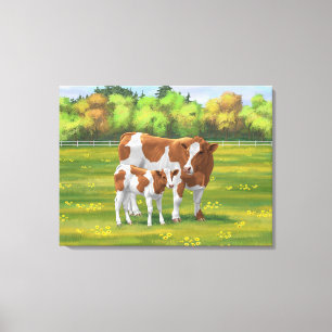Guernsey Cow & Cute Calf in Summer Pasture Canvas Print
