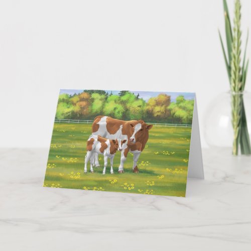Guernsey Cow  Cute Calf in Summer Pasture Card