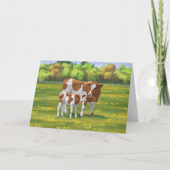 Guernsey Cow & Cute Calf in Summer Pasture Card (Front)