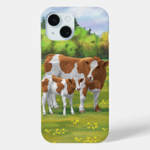 Guernsey Cow & Cute Calf in Summer Pasture iPhone 15 Case