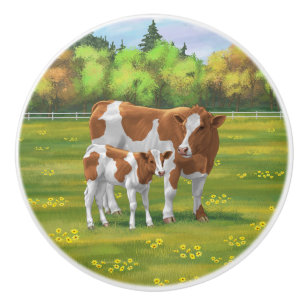Guernsey Cow & Cute Calf in Summer Pasture Ceramic Knob
