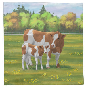 Guernsey Cow & Cute Calf in Summer Pasture Cloth Napkin