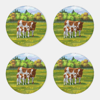 Guernsey Cow & Cute Calf in Summer Pasture Coaster Set