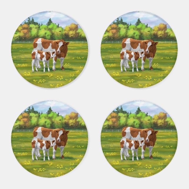 Guernsey Cow & Cute Calf in Summer Pasture Coaster Set (Set)