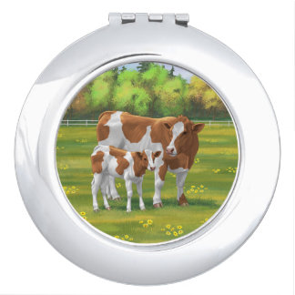 Guernsey Cow & Cute Calf in Summer Pasture Compact Mirror