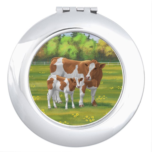 Guernsey Cow & Cute Calf in Summer Pasture Compact Mirror (Front)