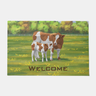 Guernsey Cow & Cute Calf in Summer Pasture Doormat
