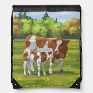 Guernsey Cow & Cute Calf in Summer Pasture Drawstring Bag