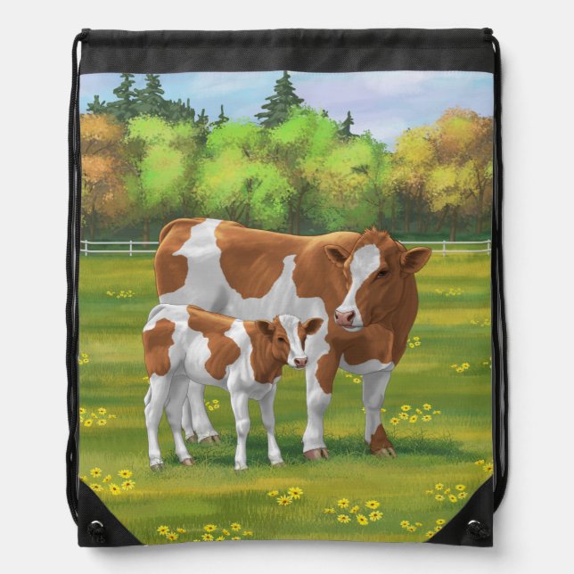 Guernsey Cow & Cute Calf in Summer Pasture Drawstring Bag (Front)