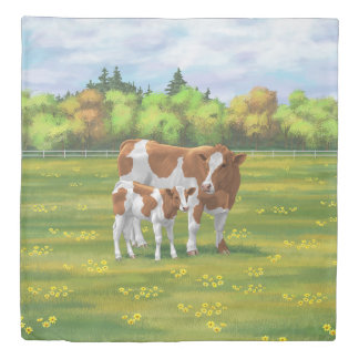 Guernsey Cow & Cute Calf in Summer Pasture Duvet Cover