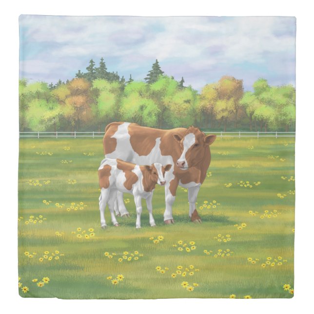 Guernsey Cow & Cute Calf in Summer Pasture Duvet Cover (Front)