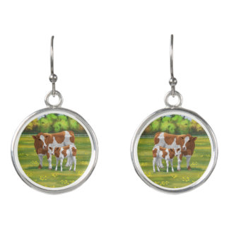 Guernsey Cow & Cute Calf in Summer Pasture Earrings