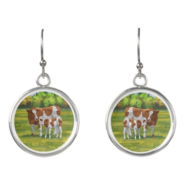 Guernsey Cow & Cute Calf in Summer Pasture Earrings (Front)
