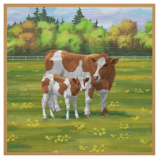 Guernsey Cow & Cute Calf in Summer Pasture Fabric