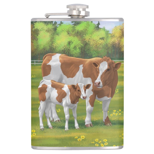 Guernsey Cow & Cute Calf in Summer Pasture Flask (Front)