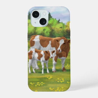 Guernsey Cow & Cute Calf in Summer Pasture iPhone 15 Case