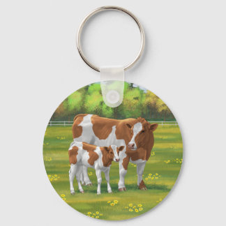 Guernsey Cow & Cute Calf in Summer Pasture Keychain