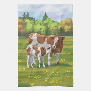 Guernsey Cow & Cute Calf in Summer Pasture Kitchen Towel
