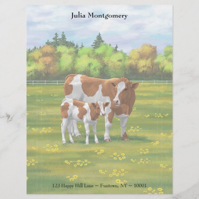 Guernsey Cow & Cute Calf in Summer Pasture Letterhead (Front)