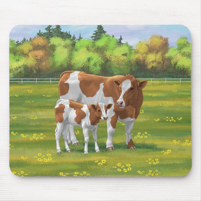 Guernsey Cow & Cute Calf in Summer Pasture Mouse Pad (Front)