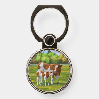 Guernsey Cow & Cute Calf in Summer Pasture Phone Ring Stand
