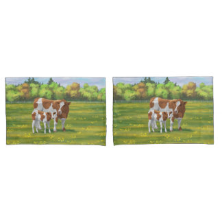 Guernsey Cow & Cute Calf in Summer Pasture Pillow Case