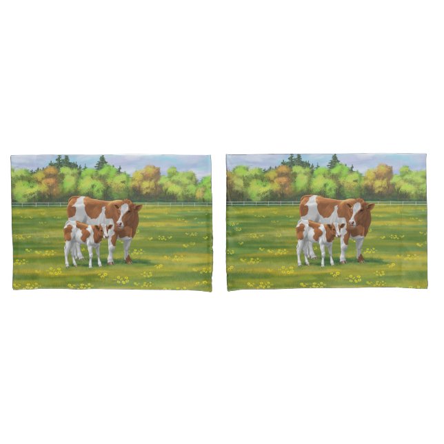 Guernsey Cow & Cute Calf in Summer Pasture Pillow Case (Front-Set)