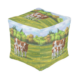 Guernsey Cow & Cute Calf in Summer Pasture Pouf