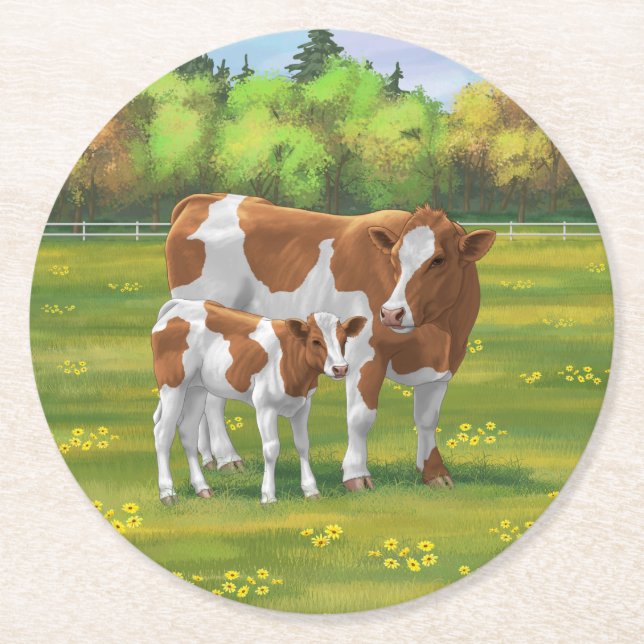 Guernsey Cow & Cute Calf in Summer Pasture Round Paper Coaster (Front)
