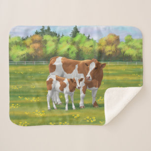 Guernsey Cow & Cute Calf in Summer Pasture Sherpa Blanket
