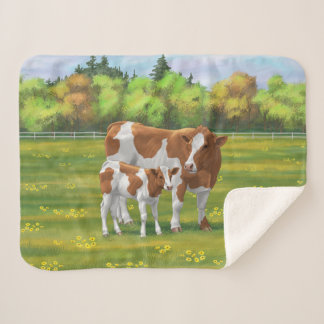 Guernsey Cow & Cute Calf in Summer Pasture Sherpa Blanket